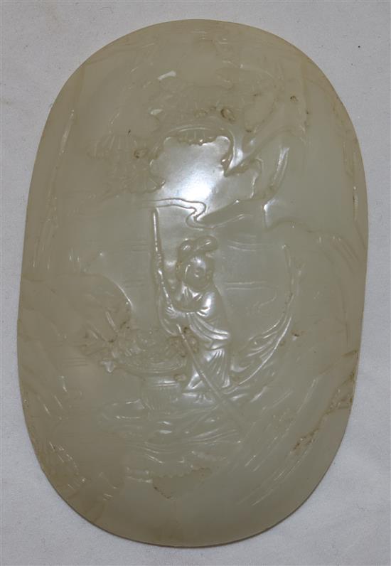 A Chinese white jade convex plaque, 18th / 19th century, 10.6 x 6.8cm